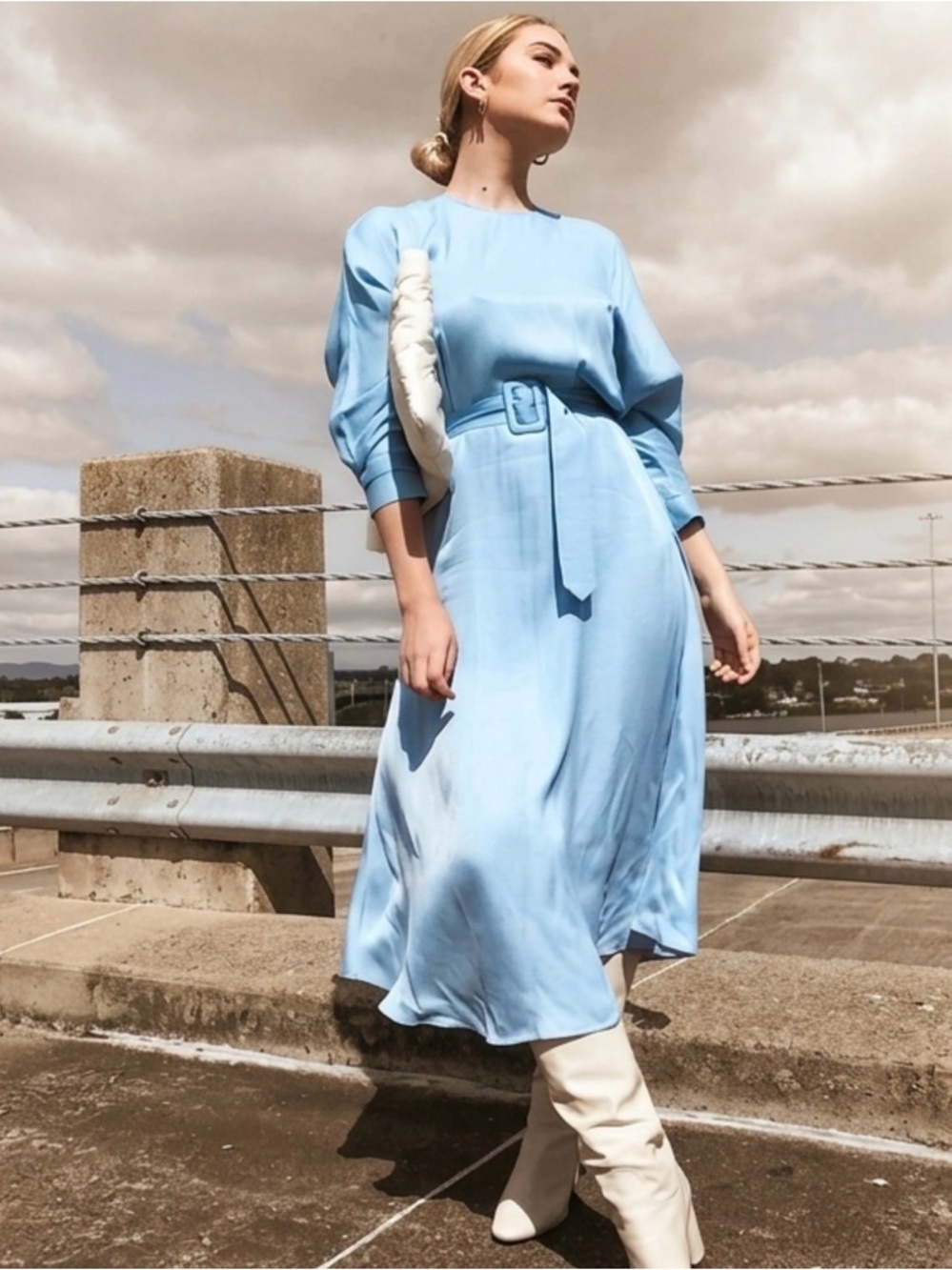 ZARA Baby Blue Belted Satin Effect Midi Dress - Picture 8 of 14